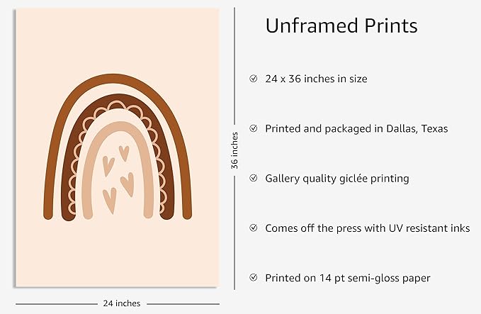Y2K BOO Boho Nursery Rainbow UNFRAMED Wall Art with Hearts Earth Tones Terracotta Brown Scandi Minimalist Style 24x36 Inch Heavyweight Paper Kids Decor