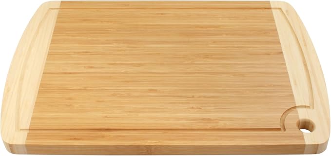 BambooMN Heavy Duty Premium Bamboo Two-Toned Cutting Board w/Hanging Hole - 17.25" x 11.75" x 0.75" - Grooved/Flat - 1 Piece