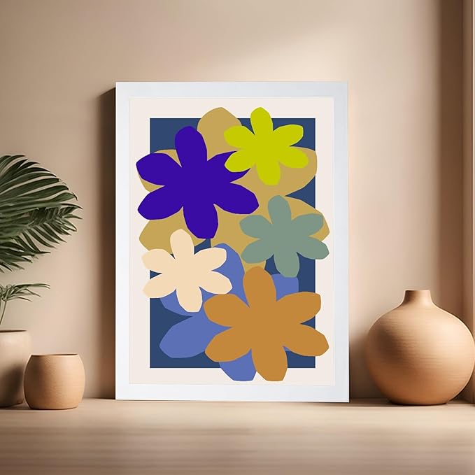 Monem Art Colorful Abstract Floral Shapes Print - Modern Minimalist Flower Art Poster - Wall Decor for Living Room, Bedroom or Office - 16x20 White Framed Wall Art by Rs Lab Studio