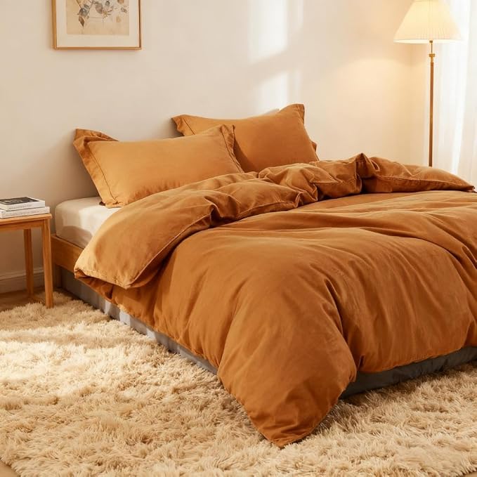Simple&Opulence French Linen Duvet Cover Set 88" x 92"- 3 Pieces (1 Comforter Cover,2 Pillowcases)- Natural Flax Cotton Blend-Solid Color Breathable Farmhouse Bedding-Rust, Queen