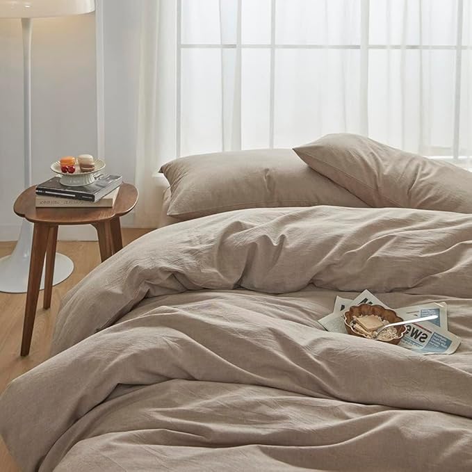 FACE TWO FACE Bedding Duvet Cover Set100% Washed Cotton Duvet Cover Linen Like Textured Breathable Durable Soft Comfy (Queen, Khaki)