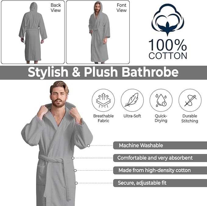 Men’s Hooded Bathrobe, 100% Cotton Terry Bathrobe, Spa Style Bath Robe, Absorbent Shower Robe, Lightweight Towel Bathrobes