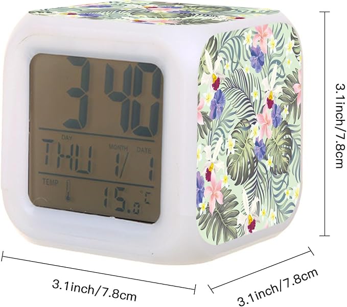 Digital Alarm Clock,Orchid Flower with Tropical Palm Leaf 7 Color Change LED Digital Alarm Clock with Date Thermometer for Toddlers,Girls and Boys