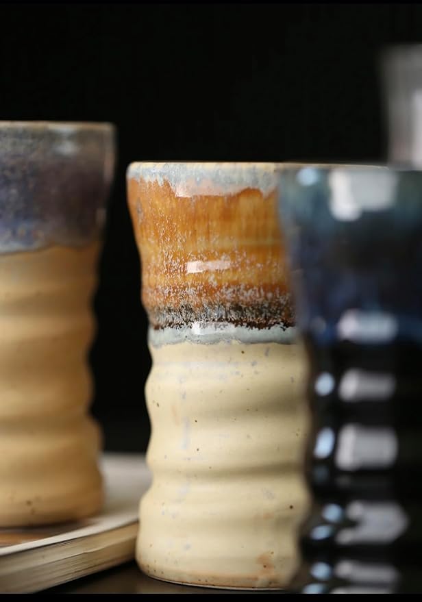 17oz Large Unique Cool Tall Handmade Ceramic Coffee Mug with Comfortable Big handle, Big Pottery Tea Mug, Artisanal Stoneware Coffee cup, Rustic Lead-free Tea Cups, Microwave safe,Biege and Brown