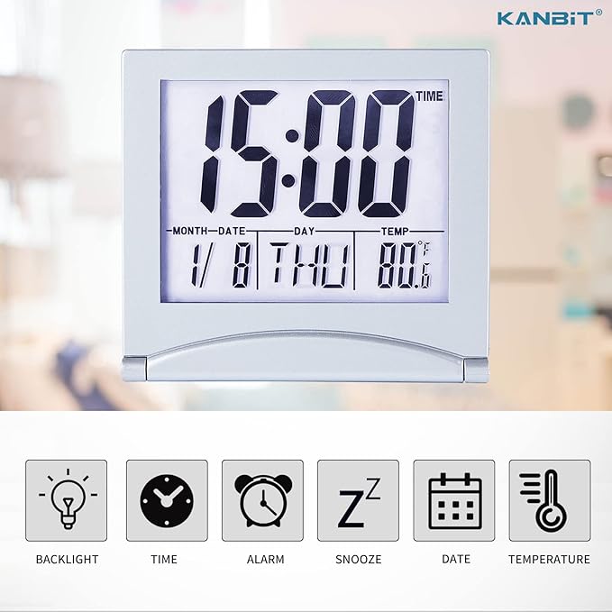 KANBIT Small Digital Travel Alarm Clock Battery Operated, Portable Large Number Display Loud Alarm Clock with Temperature, Night Backlight, 12/24 H Desk Clock -Silver (White Light)