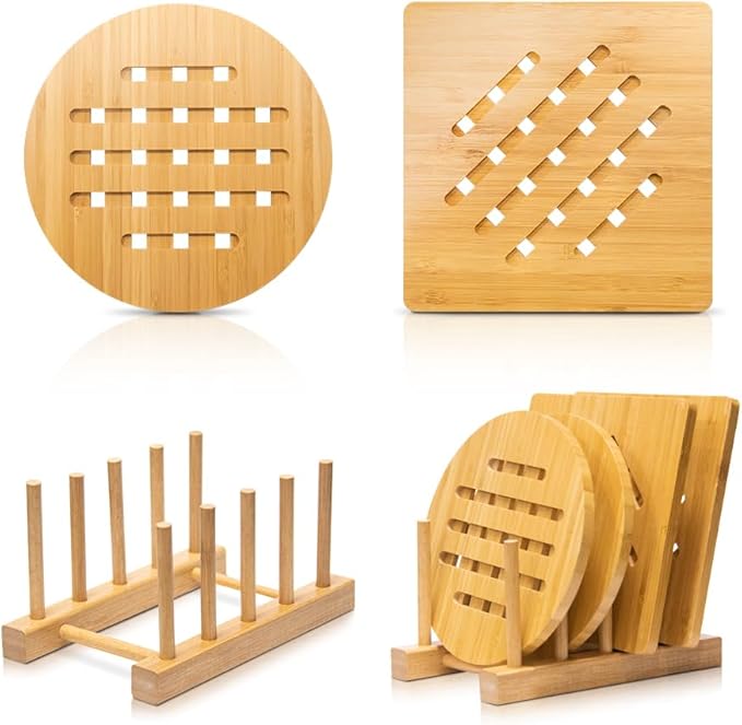 Bamboo Trivet Kitchen Bamboo Hot Pads Mat Set for Hot Dishes/Bowl/Teapot/Hot Pot Holders (Large 20 cm 5pack)