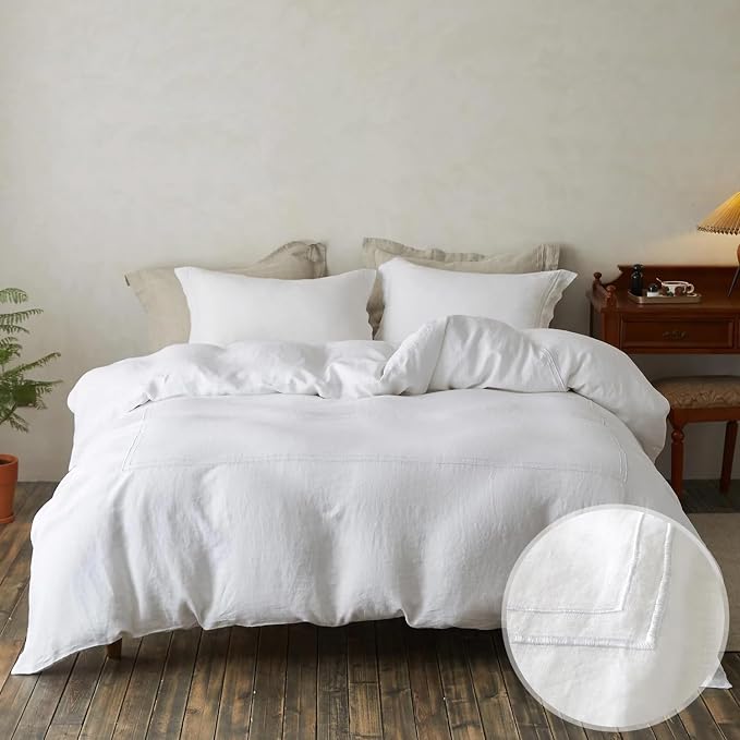 Simple&Opulence 100% Washed Linen Duvet Cover Set 68"x86" - 2 Pieces Soft Farmhouse Comforter Cover Set Double Embroidered with Button Closure - 1 Duvet Cover and 1 Pillowcase (White, Twin)