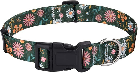 Mihqy Dog Collar with Bohemia Floral Tribal Geometric Patterns - Soft Ethnic Style Collar Adjustable for Small Medium Large Dogs(Dark Green Flower,S)