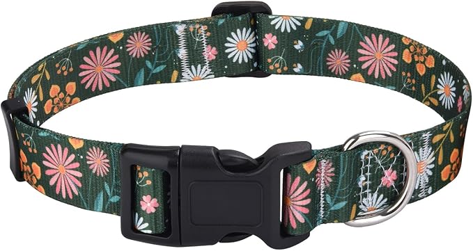 Mihqy Dog Collar with Bohemia Floral Tribal Geometric Patterns - Soft Ethnic Style Collar Adjustable for Small Medium Large Dogs(Dark Green Flower,XS)