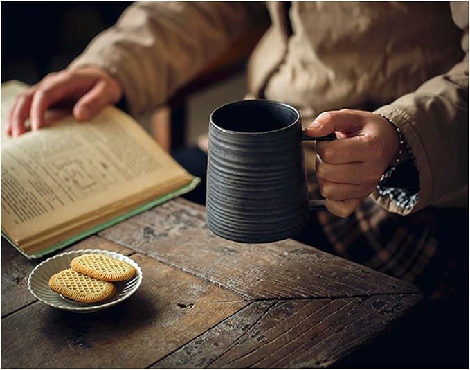 Large Handmade Pottery Coffee Mug, Unique Metallic Glazed Ceramic Drinking Cup Coffee Cup with Big Handle for Home, Office or Gifts, Microwaveable, Annular Texture 16 oz