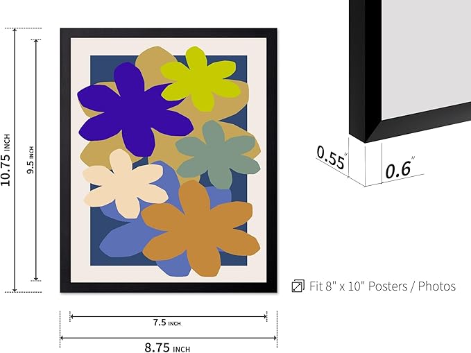 Monem Art Colorful Abstract Floral Shapes Print - Modern Minimalist Flower Art Poster - Wall Decor for Living Room, Bedroom or Office - 8x10 Black Framed Wall Art by Rs Lab Studio