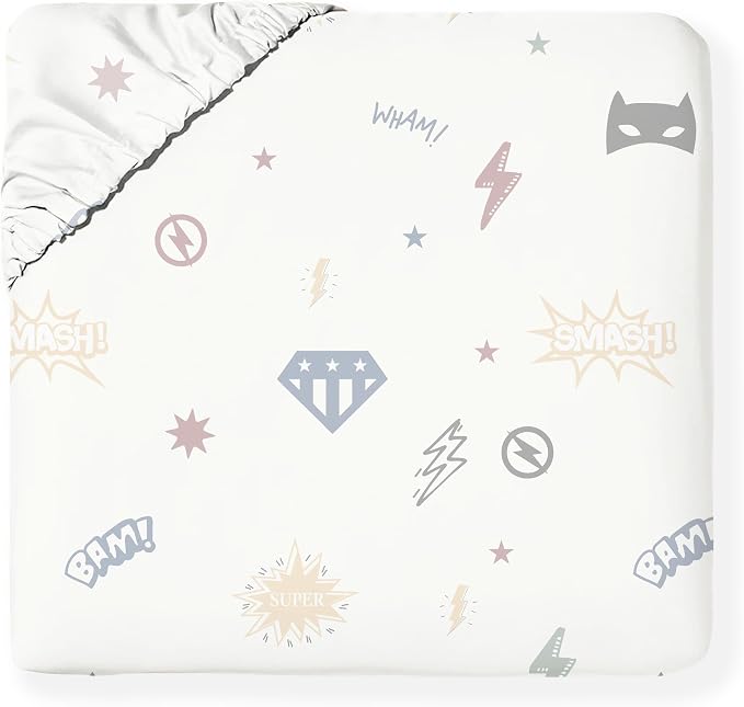 MakeMake Organics Organic Queen Fitted Sheet Set GOTS Certified Organic Cotton Fitted Sheet with 2 Pillowcase Ultra Soft Non Toxic Breathable Hypoallergenic Colorful Superheros (Queen, Mighty Heros)