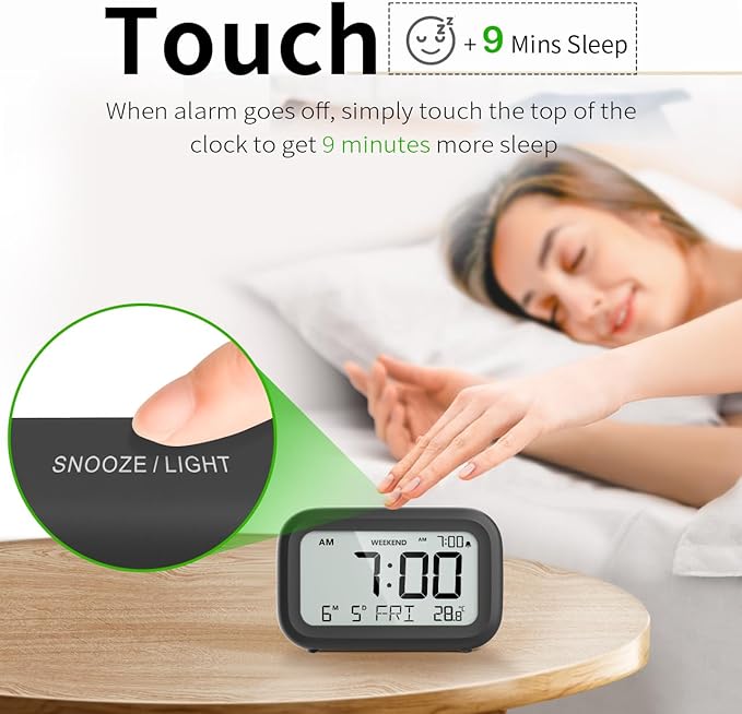 DOOMAY Digital Alarm Clock Bedside - Battery Powered Clock with LCD Display Volume Adjustable Snooze and Weekend Mode for Bedroom Office Desk Travel - Black