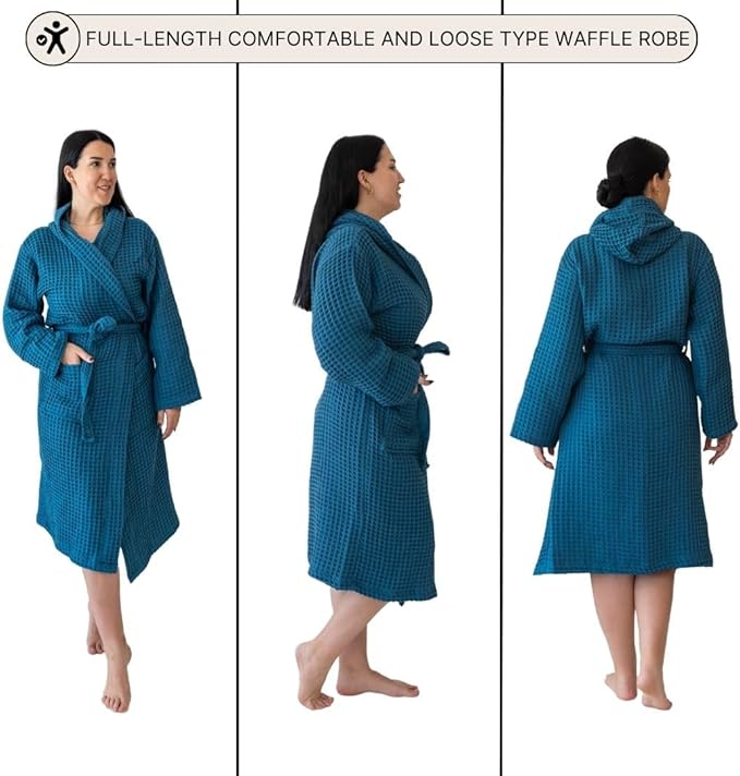 Unisex Hooded Waffle Robe for Women & Men 100% Turkish Cotton | Quick-Dry Bathrobe | Cozy Housecoat for Lounging