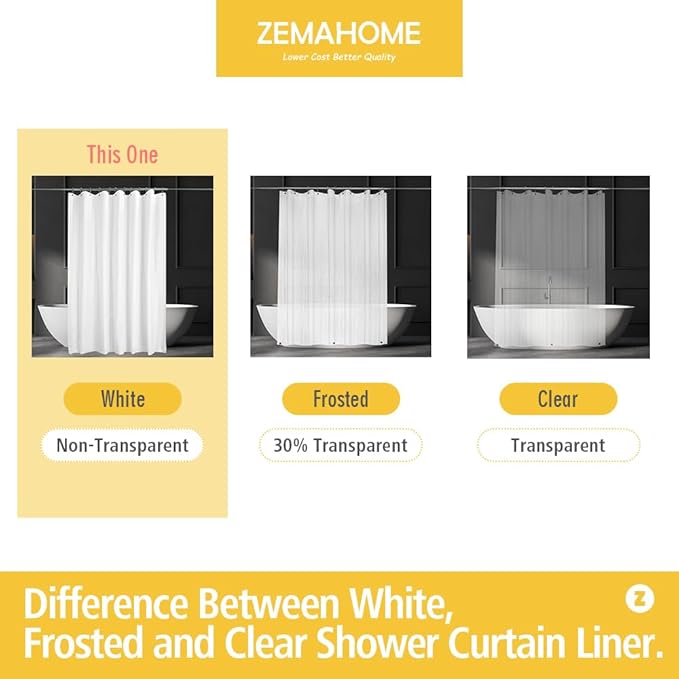 ZEMAHOME White Plastic Shower Curtain Liner, 72x72 Inch Thin Lightweight Plastic Bathroom Shower Showroom Inner Curtain with Rustproof Metal Grommet Holes and Weighted Magnets