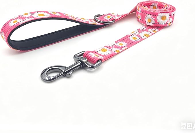 Dog Collar Leash Set, Floral Pattern, with Safety Reflective Strips, 5 ft Matching Leash, Neoprene Padded Handle, Adjustable 4 Sizes for Small Medium Large Dogs.(XS, Pink Daisy)