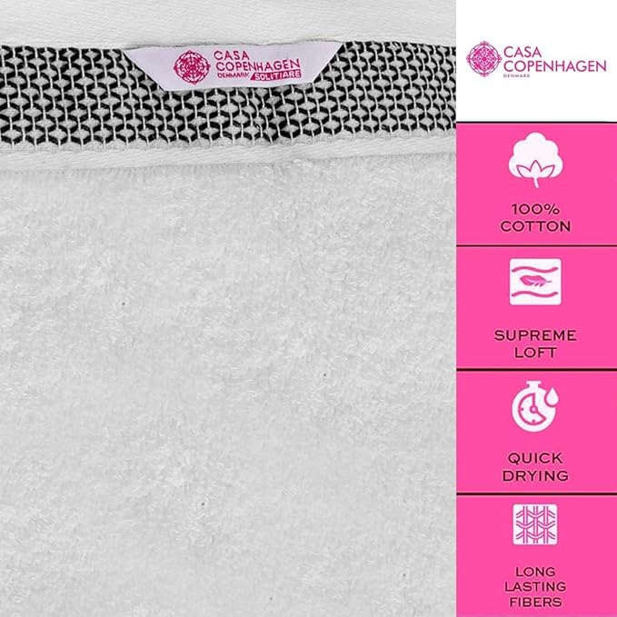 CASA COPENHAGEN Solitaire 6Pcs 100% Egyptian Cotton Large Designer Towels Gift Set- Pure White, 600GSM, 2Bath 2Hand 2Washcloths, Bath Towels for Bathroom Set for Women & Men