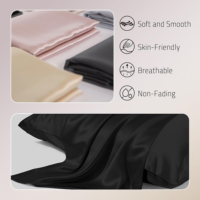 Gabire Mulberry Silk Pillow Cases Set of 2, Both Sides Real Silk Pillow Cover for Hair and Skin Prevent Acne Pillowcase Organic Silk Pillowcase 2 Pack with Hidden Zipper, Black, Queen (20"×30")
