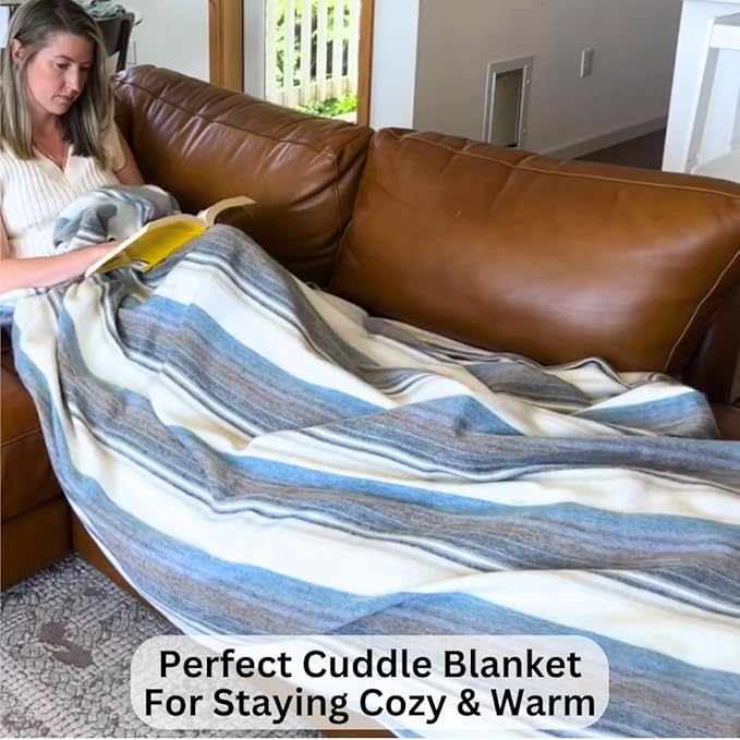 DAVLINA, Alpaca Wool Throw Blanket | Super Soft, Lightweight, Breathable and Hypoallergenic | Non-Itchy or Scratchy (Blue White Varicolored, Striped)