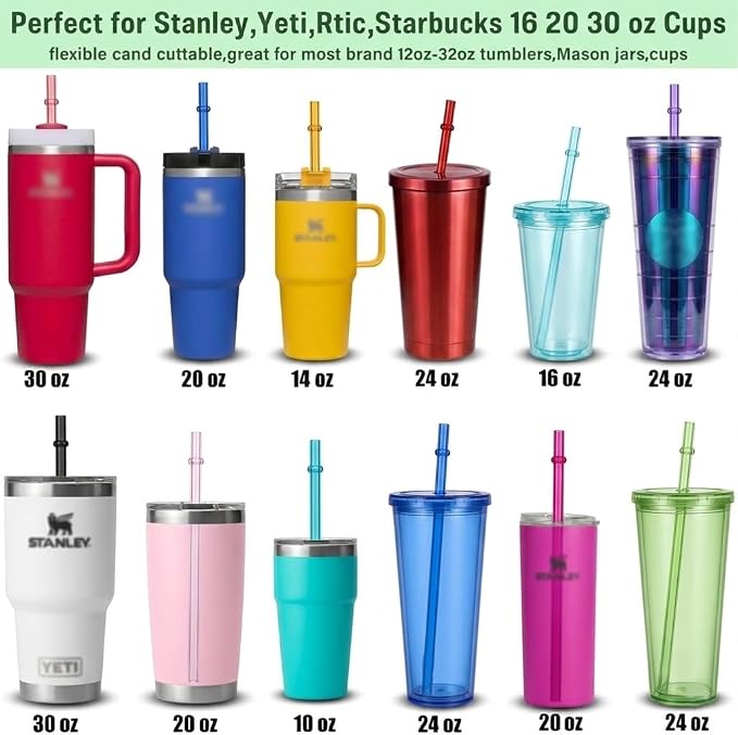24 Pack Reusable Tritan Straws with 4 Cleaning Brushes, 10.5 Inch Hard Plastic Drinking Set, 12 Colors, BPA Free Dishwasher Safe, for Tumblers, Iced Coffee, Smoothies, Cups and Jars