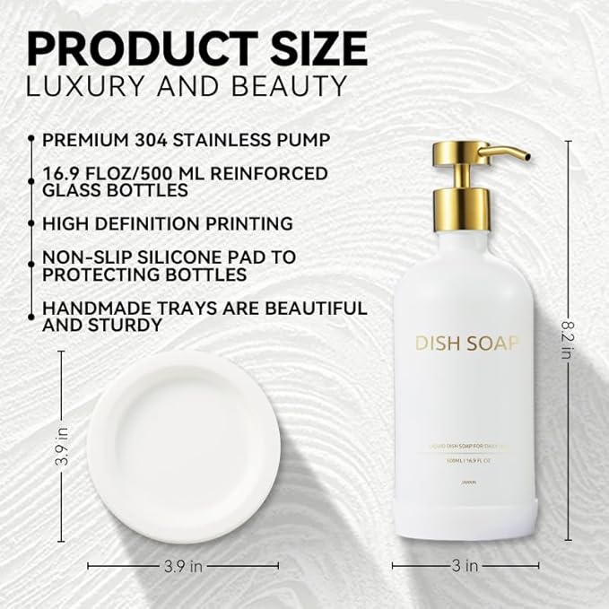 Glass Soap Dispenser Bathroom Set by Janxin, Foaming Kitchen soap Dispenser with Ceramic Tray for Dish Soap, Liquid Soap Dispenser for Hand Soap, Lotion, Body Wash (White+Gold)