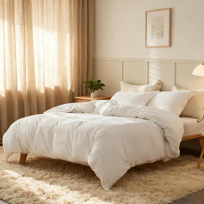 Simple&Opulence French Linen Duvet Cover Set 104"x 92"- 3 Pieces (1 Comforter Cover,2 Pillowcases)-Natural Flax Cotton Blend-Solid Color Breathable Farmhouse Bedding-Off White, King
