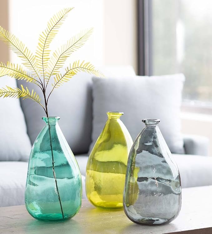 VivaTerra Recycled Oblong Glass Balloon Vase – Handblown Glass Vases for Centerpieces – Unique Organic Shape in a Delicate Grey Color – Sustainable and Unique Home Decor (14" H x 8.25" Dia.)
