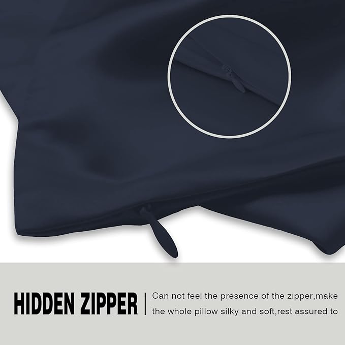 Silk Pillow Cases 2 Pack,Soft Breathable and Sliky Standard Size Pillow Cases Set of 2,Natural Mulberry Silk Pillowcase Set of 2 for Hair and Skin with Hidden Zipper (Navy Blue,20"X 26",2pcs)