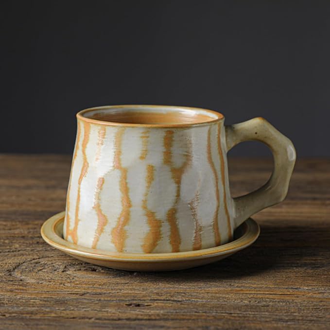 Vintage Faceted Speckled Ceramic Coffee Mug with Saucer, Rustic Stoneware Cup for Tea Latte (YF-CS07)