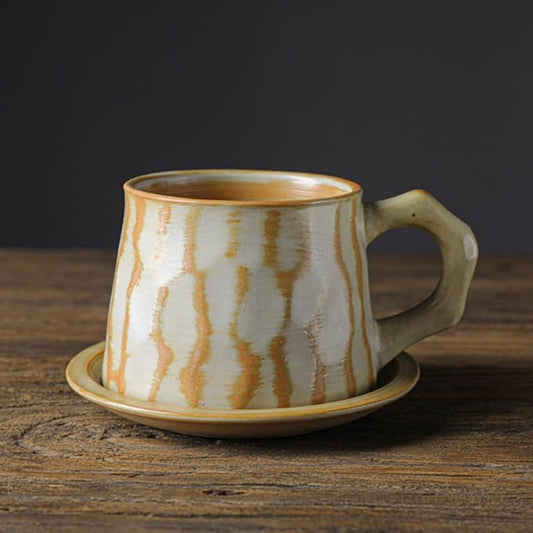Vintage Faceted Speckled Ceramic Coffee Mug with Saucer, Rustic Stoneware Cup for Tea Latte (YF-CS07)