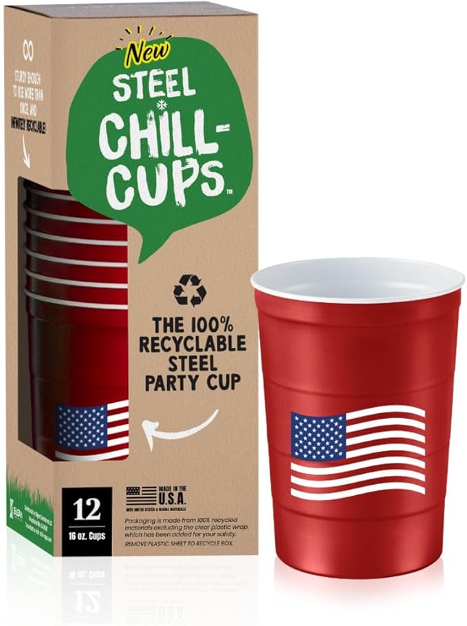 Steel Chill Cups 16 oz. Party Cups Flag Design for Cold Drinks, Sturdy and Durable, Disposable, Recyclable, Made in USA, Patriotic, Red, 12 Count