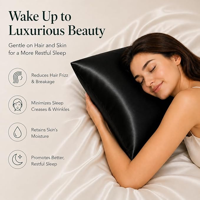 Black Silk Pillowcase with Natural Dye Made in USA, Oeko-TEX Certified Real 22 Momme King Silk Pillow Cases with Zipper for Beauty Sleep, Anti Aging, 1 Pack 20"x36" (King, Black)
