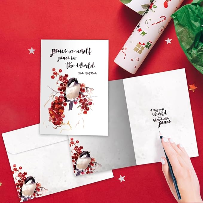 Tree-Free Greetings - Season's Greeting Cards - Artful Designs - 10 Cards + Matching Envelopes - Made in USA - 100% Recycled Paper - 5 x 7 - Peace in the World (HB54432)