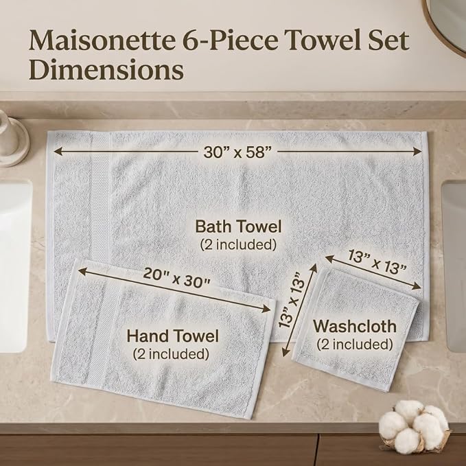 Maisonette Elegance 100% Organic Cotton Turkish Bathroom Towels Set, Ideal Quick Dry Luxury Washcloths, Hand & Large Luxury Bath Towels for Shower (6 Pack), Pewter