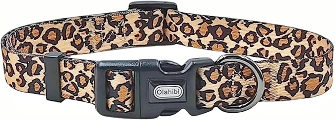 Dog Collar Leash Set, Leopard Pattern, Polyester Material, Adjustable Collar and 5ft Matching Leash, for Medium Dogs.(M, Brown Leopard)