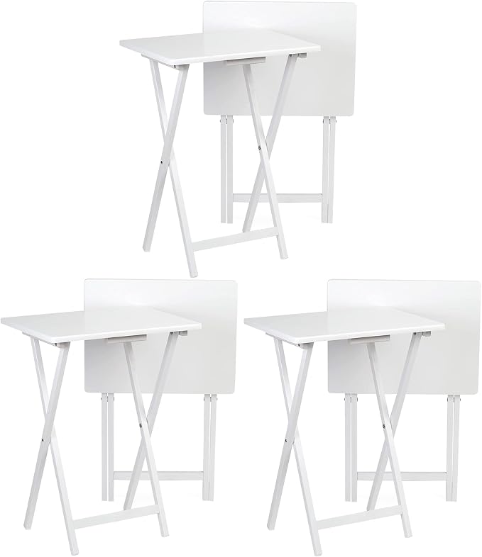 PJ Wood Conventional Solid and Sturdy Wood Construction Portable Folding TV Snack Tray Table Desk Serving Stand, White (6-Piece Set)