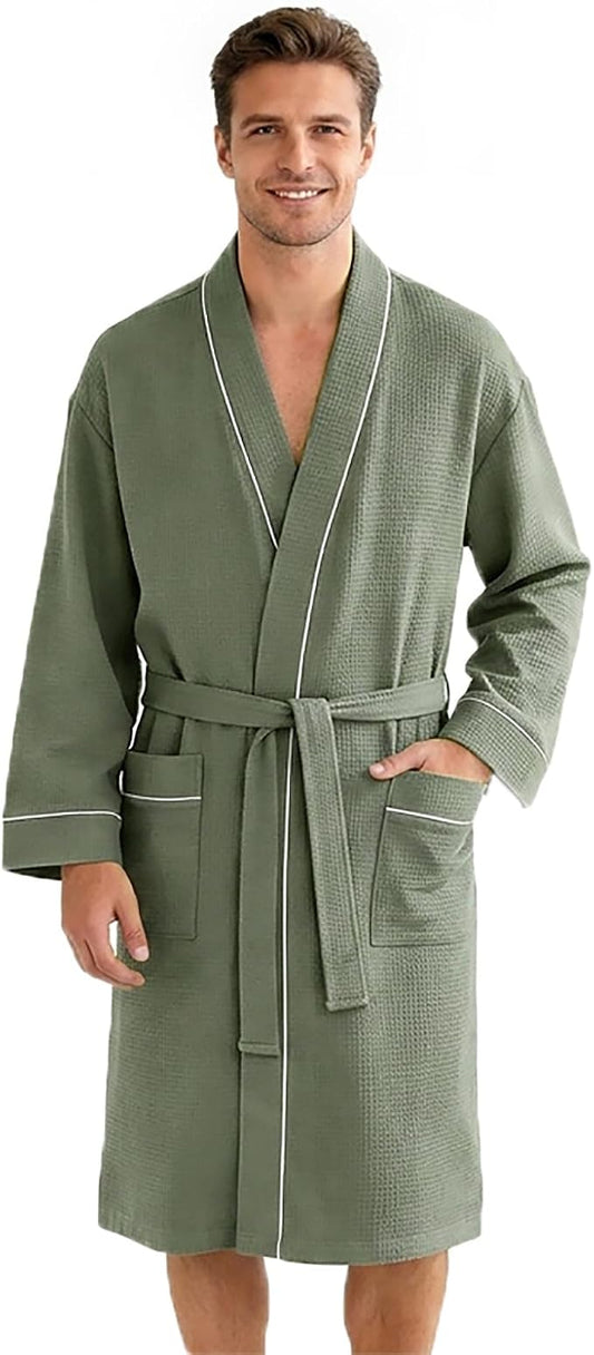 Inner Wish Men's Cotton Waffle Kimono Robe, Lightweight Soft Spa Shower Bathrobe, Hotel Lounge Robes for Men