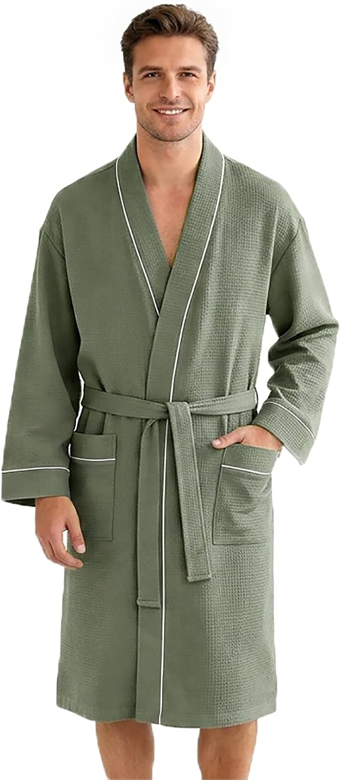 Inner Wish Men's Cotton Waffle Kimono Robe, Lightweight Soft Spa Shower Bathrobe, Hotel Lounge Robes for Men
