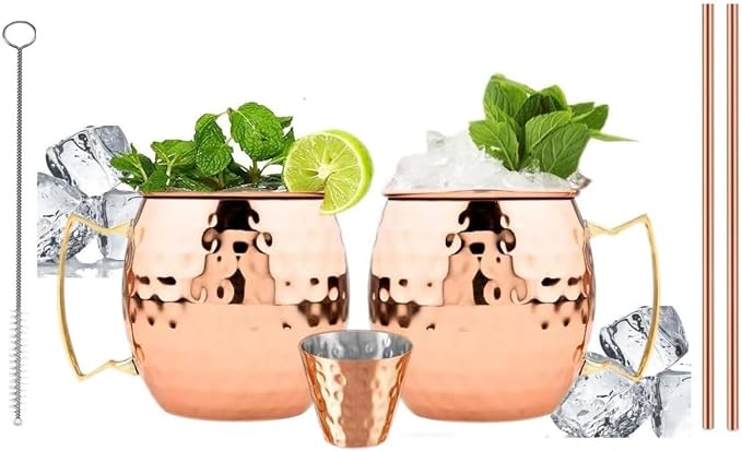 BOLD & DIVINE Copper Plated Moscow Mule Mugs Set of 2 | 18 Oz Hammered Cups with 304 Stainless Steel Lining and Gold Brass Handles | Bonus Copper Straws, Shot Glass & Cleaning Brush