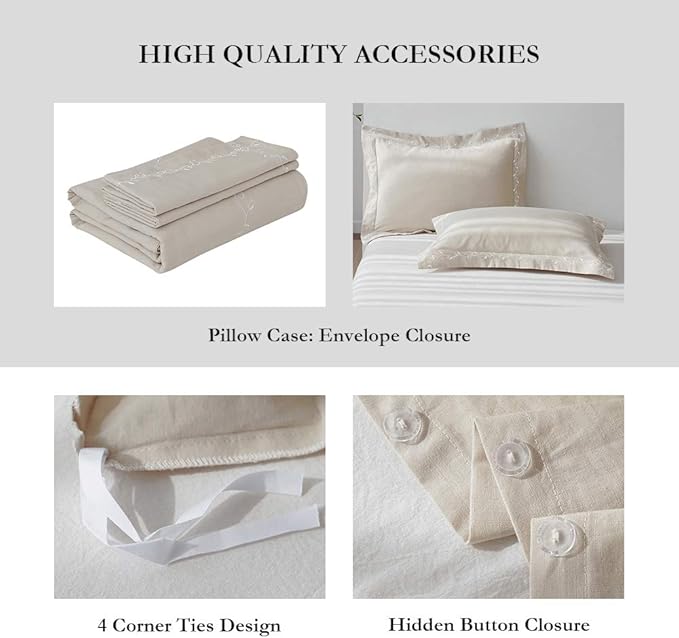 BISELINA French Linen Duvet Cover Set 3pcs Embroidered Willow Leaf 55% Flax 45% Cotton Blend Soft Breathable Luxury Bedding (King, Embroidery Linen)