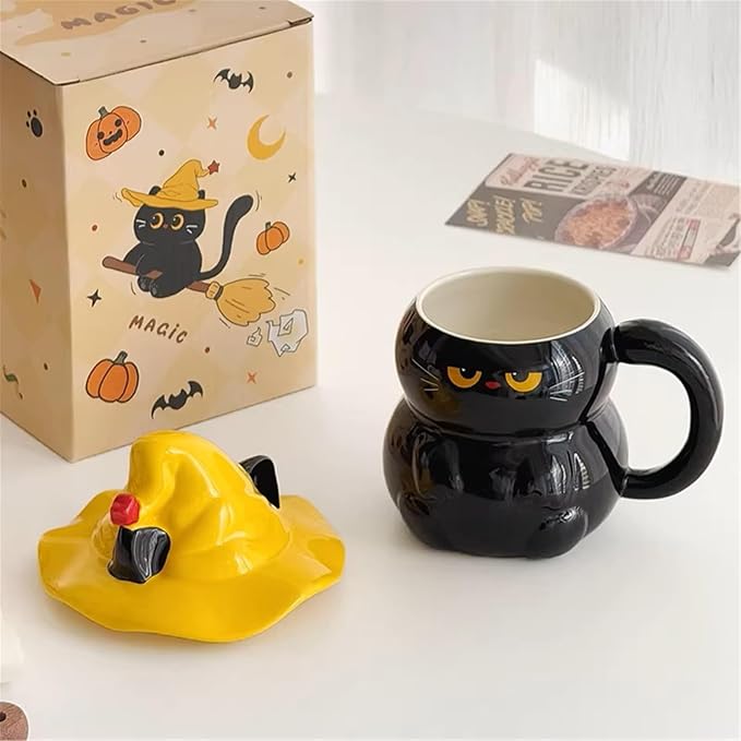 Coffee Mug Cups Ceramic Tea Cup Cute 3D Bichon Frise Dog Shaped Handmade Pottery Cute Mugs Handle Office Home Hot Ice Chocolate Milk Mugs Gifts Microwave Dishwasher Safe 14 Oz Travel Mug (Black cat)