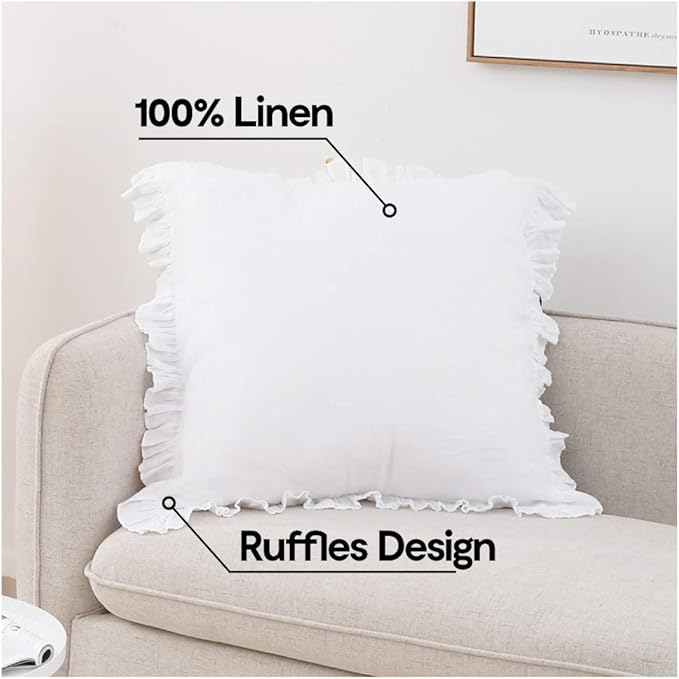 100% French Linen Throw Pillow Covers - Set of 2 - Washed Flax Decorative Ruffled Square Cushion Cover Solid Color Soft Breathable - White, 18'' x 18''