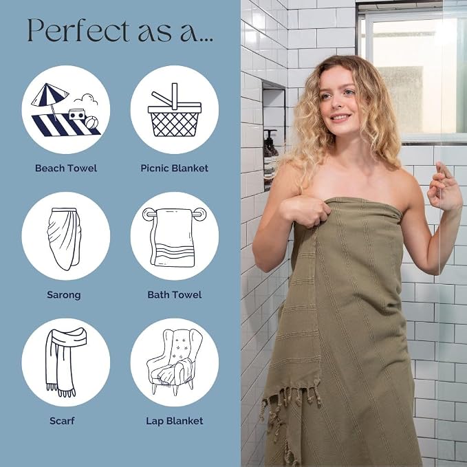 InfuseZen Stonewashed Turkish Cotton Bath and Beach Towel - Green Khaki | 100% Organic, Thin, Soft, Lightweight, Absorbent, Quick-Drying, Large Peshtemal, Sand-Resistant for Shower, Pool, Spa, Travel