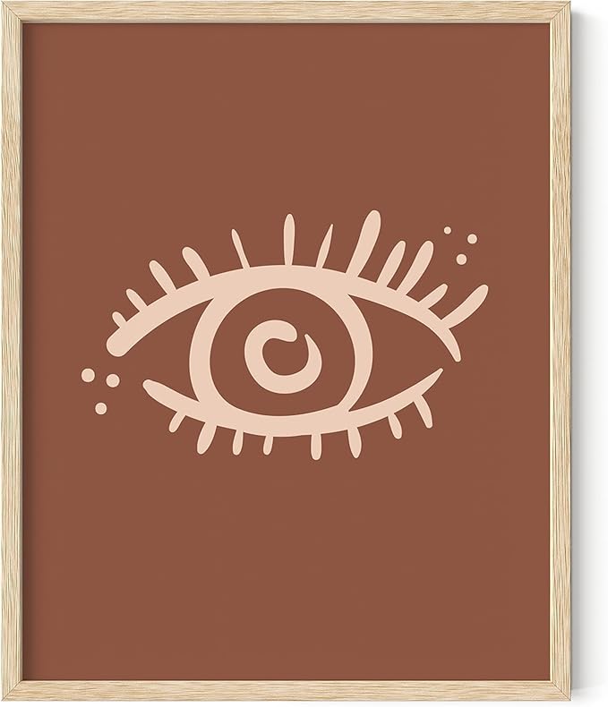 Mystical Evil Eye Wall Art Nazar Protection Symbol Earth Tones Terracotta Mid Century Modern 8x10 Inch Oak Wood Beige Framed Boho Spiritual Decor Print for Home