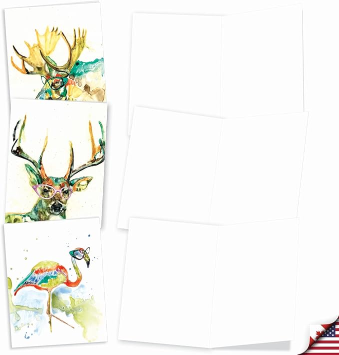 The Best Card Company - 10 Watercolor Blank Cards with Envelopes (4 x 5.12 Inch) Cute Animals, All Occasion Note Cards - Rainbow Splash Animals AM6137OCB-B1x10-NB