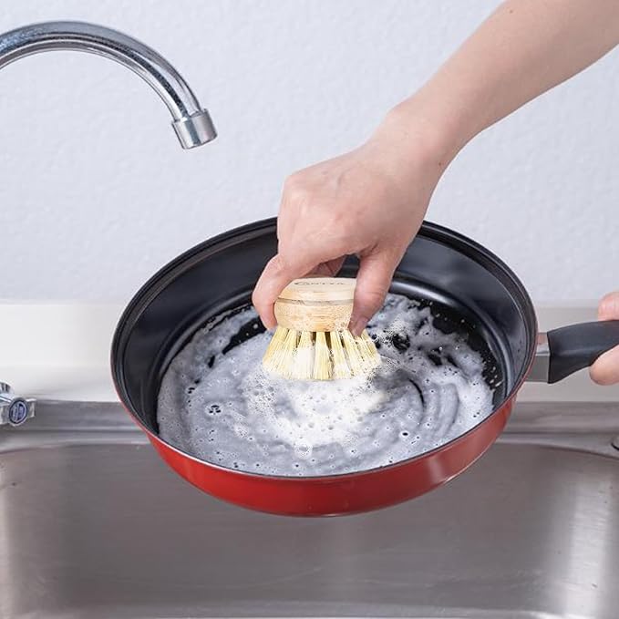Bamboo Dish Brush with Handle - Soft Bristle, Non Toxic Vegetable Brush Scrubber for Food Compostable & Sustainable Kitchen Scrub Brush for Dishes, Pots and Pans