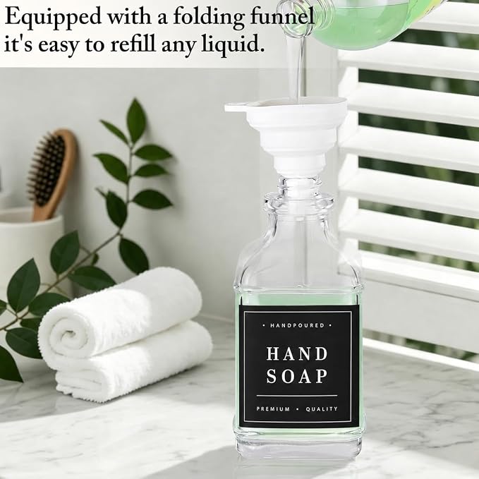 Clear Glass Soap Dispenser Set: Modunful 2 Pack 16.9oz Countertop Soap Dispenser with Bamboo Tray, Silicone Funnel & 60 Waterproof Stickers - for Kitchen Bathroom