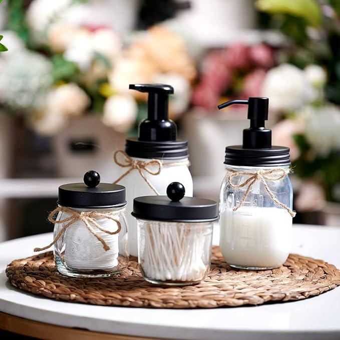 Amolliar Mason Jar Liquid Soap Dispenser, 16OZ Refillable Glass Soap Dispenser for Bathroom, Hand Soap, Dish Soap, Lotion Dispenser for Kitchen, Farmhouse Decor, Soap Pump Bottle, Black 2 Pack