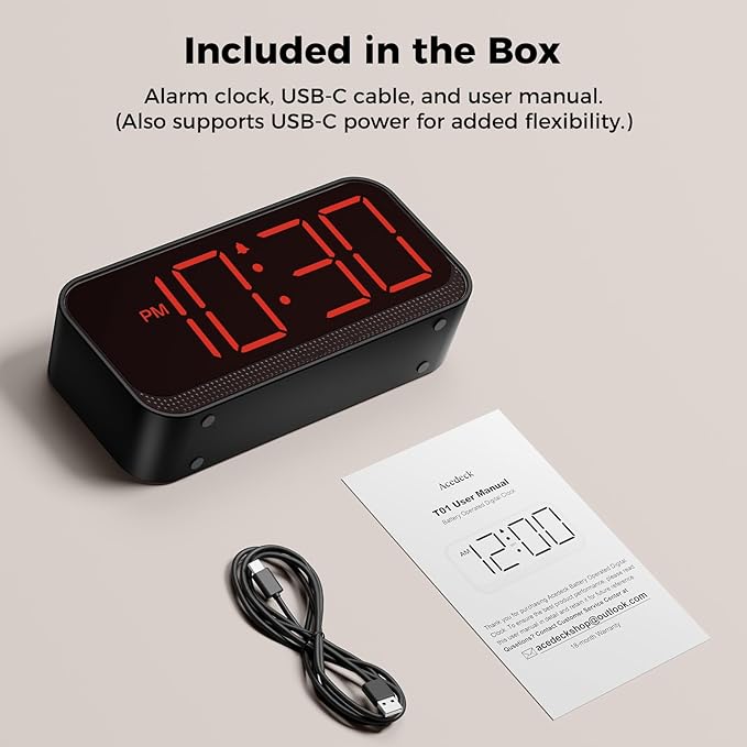 Acedeck Battery Operated Alarm Clock for Bedroom Travel: Cordless Compact Large Display Digital Clock with Auto Dimming - 4 Dimmers Easy to Use for Adults Seniors Red Digits