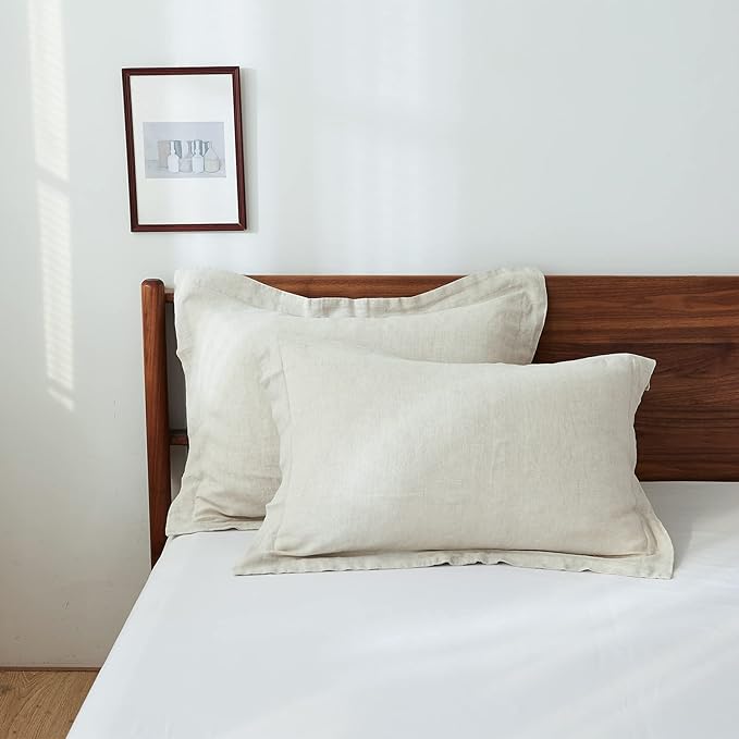 100% French Linen Pillow Shams Basic Style - Pack of 2 - Washed Solid Color Natural Flax Soft Breathable - Linen, 20'' x 26''
